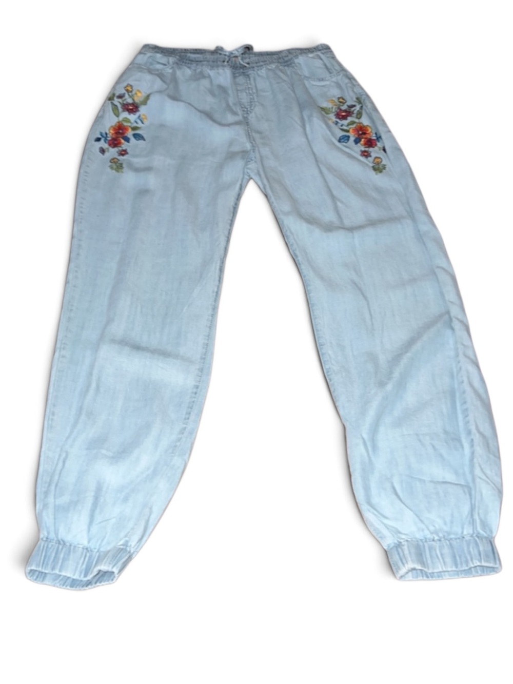 Reba NWT Embroidered Tencel Jogger Pants Medium Chambray Blue Floral